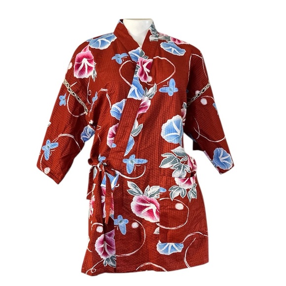 Vintage Brick Red Floral Kimono Jacket M/L 100% Cotton - Picture 15 of 15